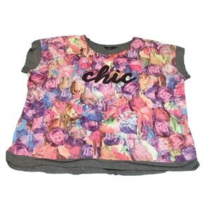 Apt 9 Chic‎ Floral Print Top Gray Trim Short Sleeve 
Colorful Blouse 1X